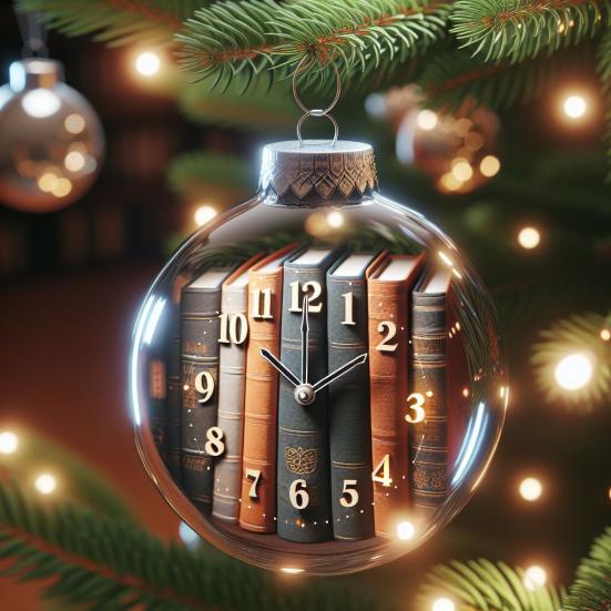 AI-billede af julekugle med ur indeni generet af Copilot