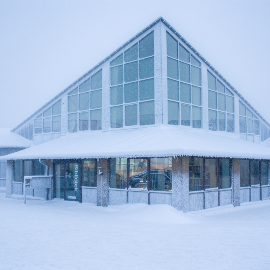 Løkken Bibliotek med AI genereret sne