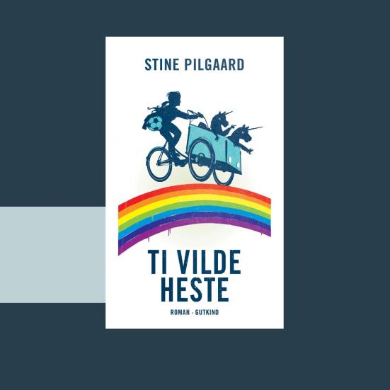 Forside Stine Pilgaars roman Ti vilde heste: En mor kører med to heste i cykelvognen