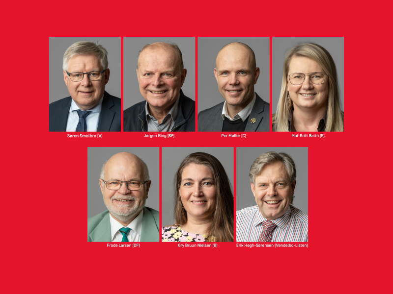 Søren Smalbro (V), Jørgen Bing (SF),  Per Møller (C), Mai-Britt Beith (S), Frode Larsen (DF), Gry Bruun Nielsen (B) og Erik Høgh-Sørensen (Vendelbo-Listen)