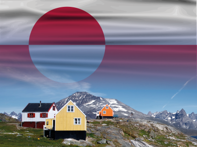 Billede fra Colourbox af grønlandsk landskab med huse