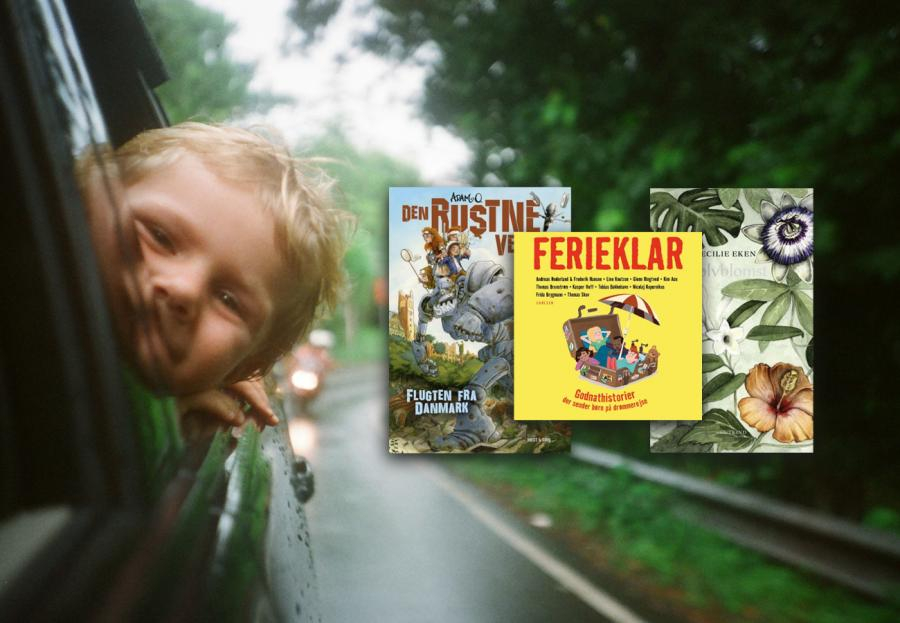 Lyt en bog på bilferien - billede af barn i bil og bogforsider